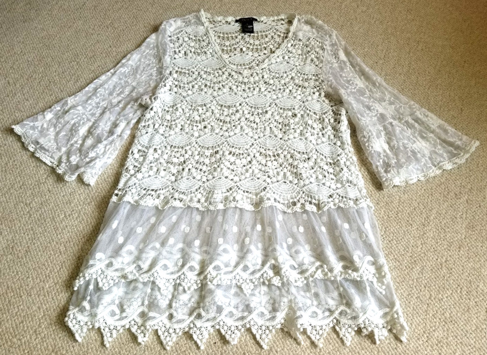 Womens Top-LAUREN MICHELLE-white sheer crochet lace tunic Boho Romantic Artsy-L